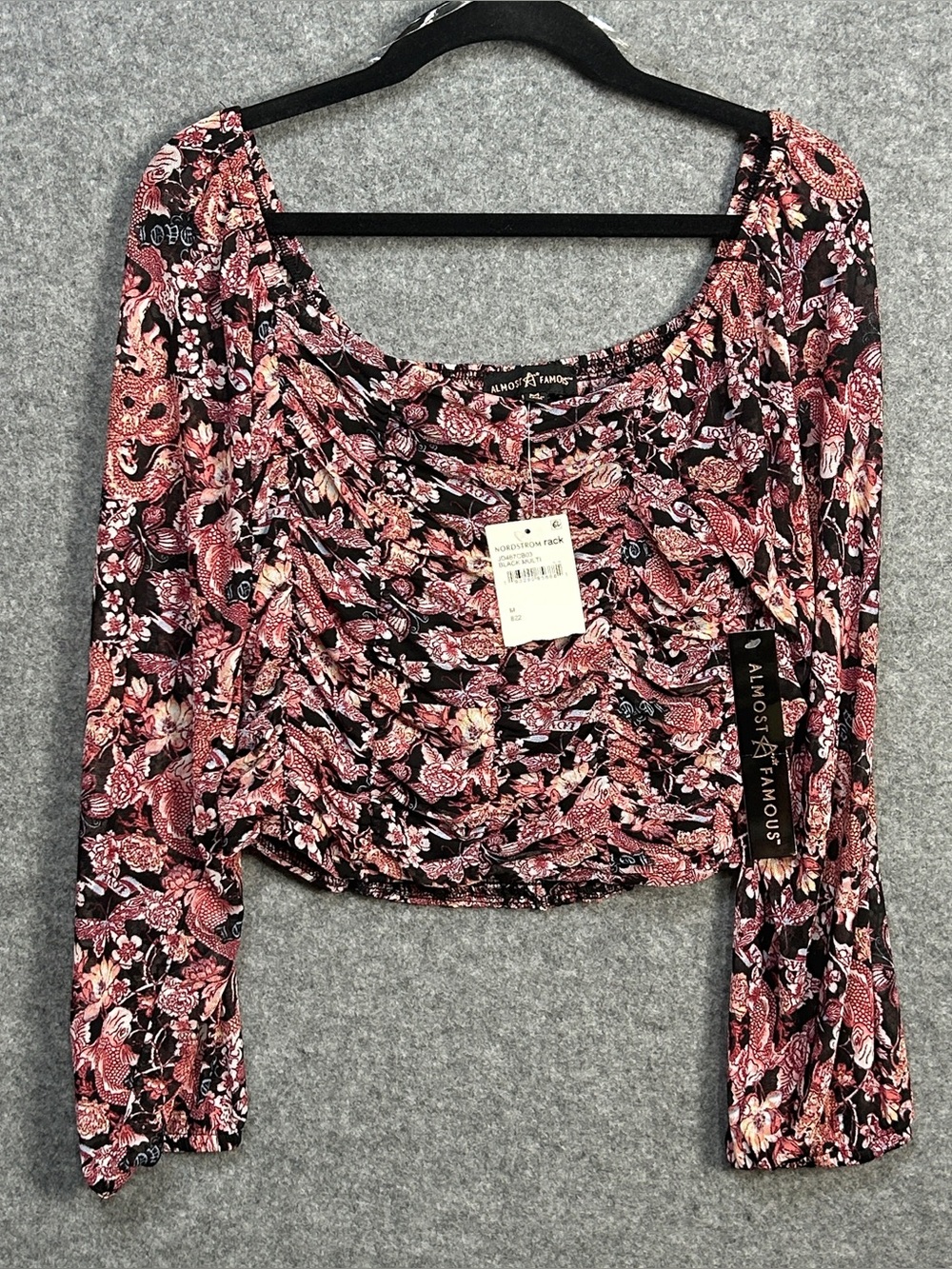 Almost Famous M Black Pink Floral Ruched Crop Top Milk Maid Coquette Fairycore